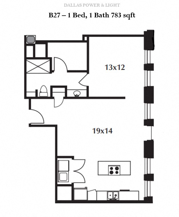 Floor plan for 1 bed, 1 bath, 783 sqft